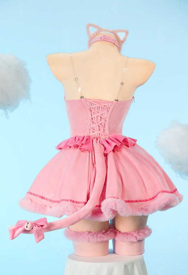 [MobFur] Sexy Cat-themed Winter Plush Outfit Off-the-shoulder Cat Paw Dress with Headband and Tail