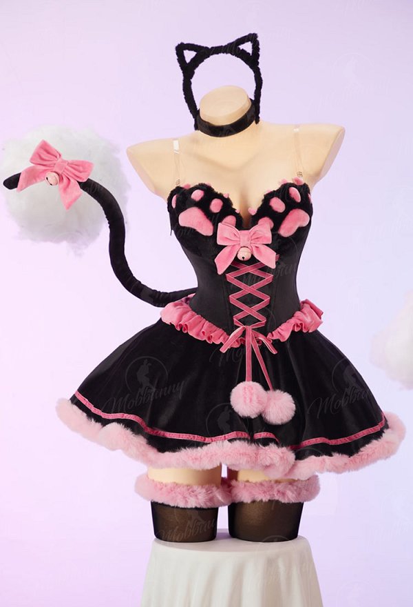 [MobFur] Sexy Cat-themed Winter Plush Outfit Off-the-shoulder Cat Paw Dress with Headband and Tail