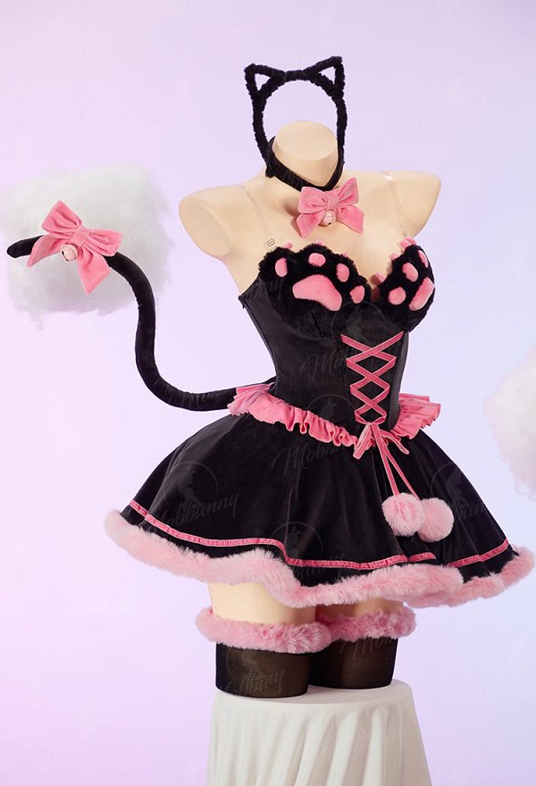 [MobFur] Sexy Cat-themed Winter Plush Outfit Off-the-shoulder Cat Paw Dress with Headband and Tail