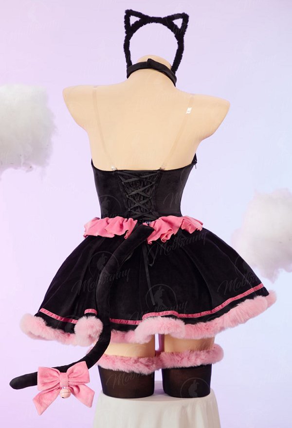 [MobFur] Sexy Cat-themed Winter Plush Outfit Off-the-shoulder Cat Paw Dress with Headband and Tail