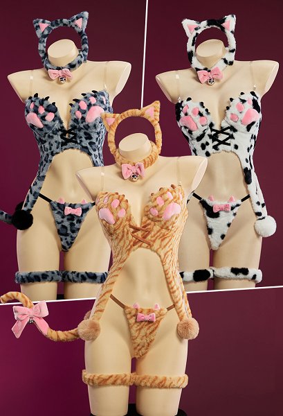 Sexy Cow Tabby Leopard Cat Print Winter Plush Costume Cute Paw Top and Thong with Ears Headband and Tail