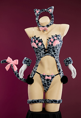 Sexy Cow Tabby Leopard Cat Print Winter Plush Costume Cute Paw Top and Thong with Ears Headband and Tail