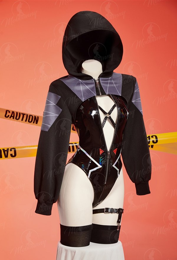 [MobMotion] Cyberpunk 2 Talia Yang Derivative Sexy Outfit Halter Cutout Bodysuit and Hooded Bolero Jacket with Mask and Stockings