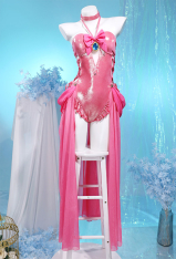 Peach Derivative One-Piece Swimsuit Pink Princess Halter Lace-up Bathing Suit with Sleeves Wrap Skirt and Choker