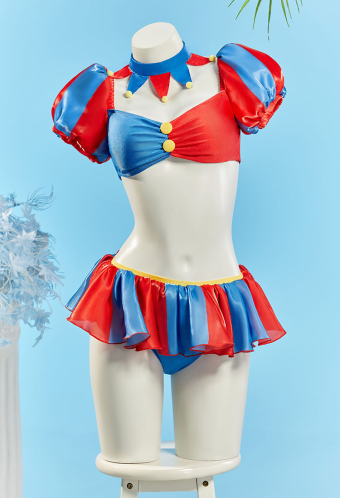 TADC Clown Girl Derivative Two-piece Swimsuit Red and Blue Patchwork Puff-sleeved Top and Skirted Bottom with Collar